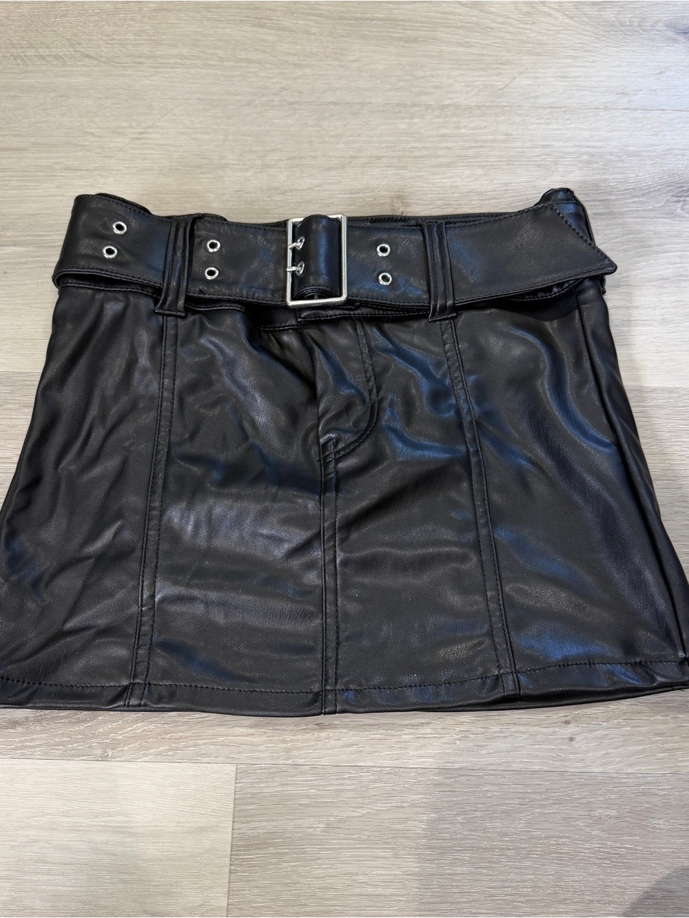 H&M Black Faux Leather Belted Mini Skirt